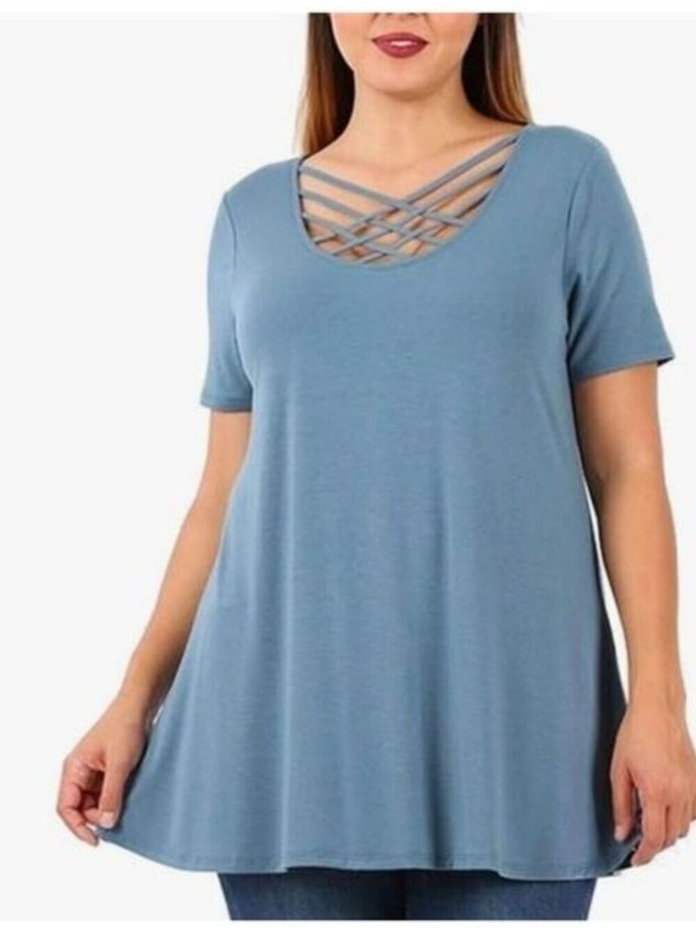 ZENANA Criss-Cross Neckline Short Sleeve Cement Blue Top Tunic Size 2XL NWT